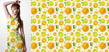 30003v Materiał ze wzorem malowane plasterki owoców (pomarańcza, limonka) w stylu akwareli